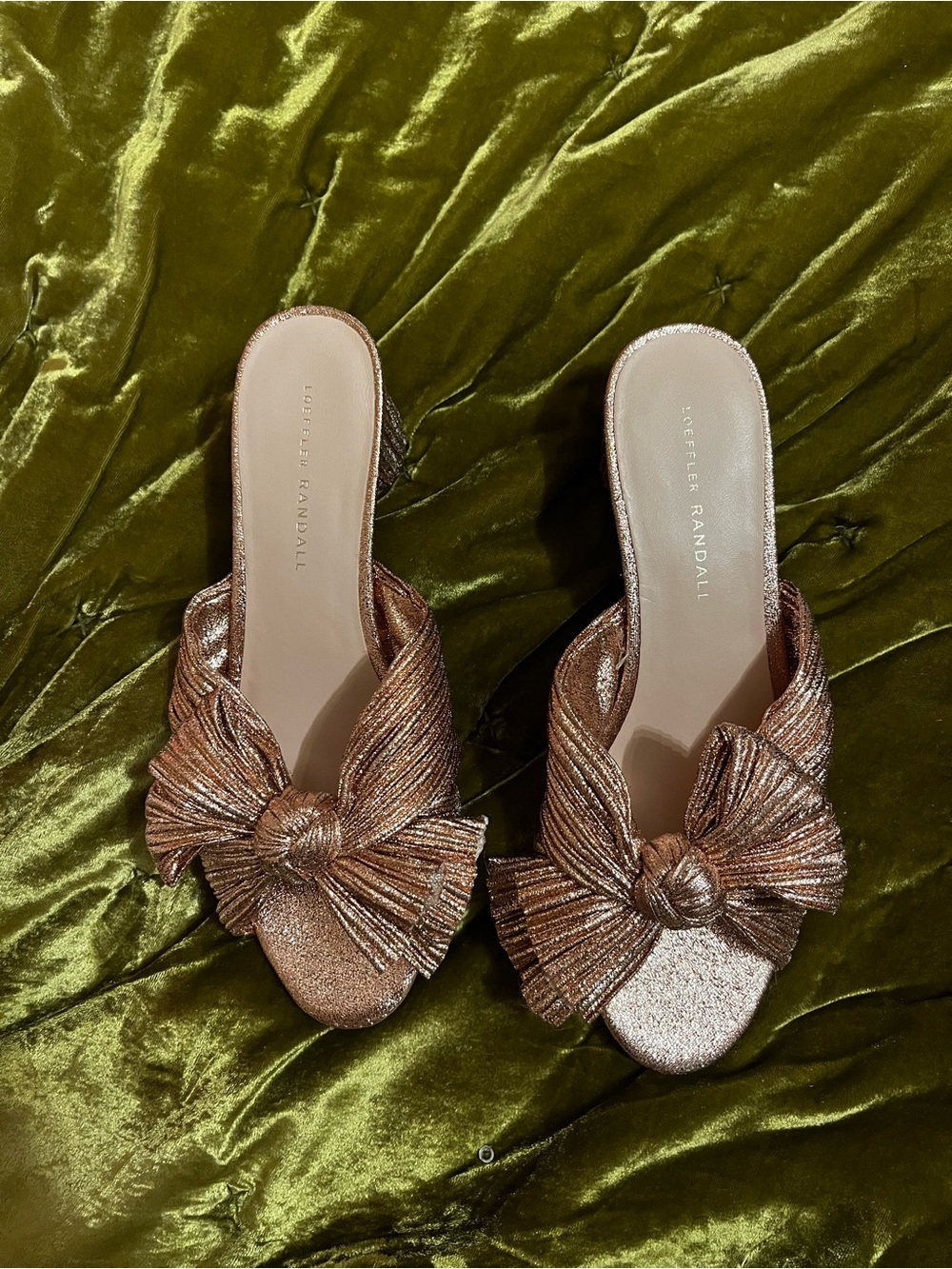 Loeffler Randall Metallic Rose Gold Knot Bow Slide Mules